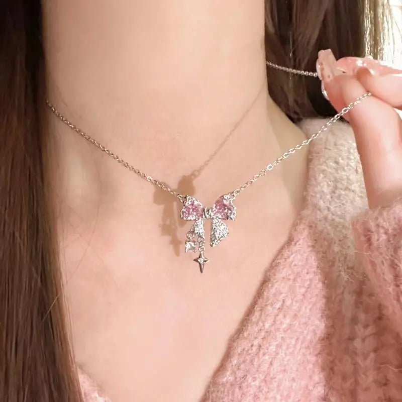 New design bow pink Danburitecross pendant necklace